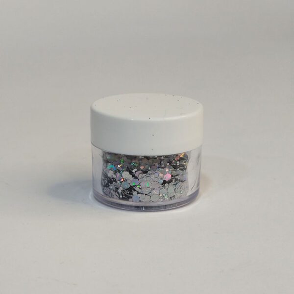 رنگ اکلیلی دانه‌درشت نقره‌ای هولوگرامی ۲۰ گرمی – اکلیل براق مخصوص رزین و شمع‌سازی با جلوه چندرنگ از هنری شادی