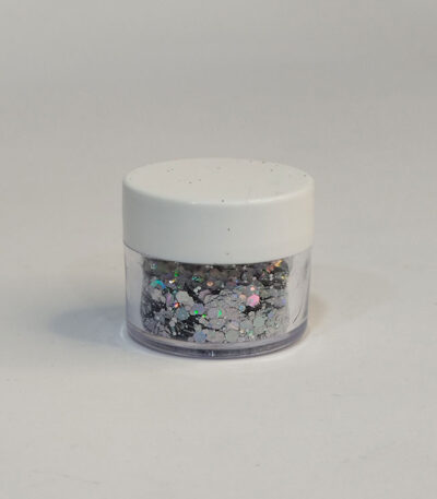 رنگ اکلیلی دانه‌درشت نقره‌ای هولوگرامی ۲۰ گرمی – اکلیل براق مخصوص رزین و شمع‌سازی با جلوه چندرنگ از هنری شادی